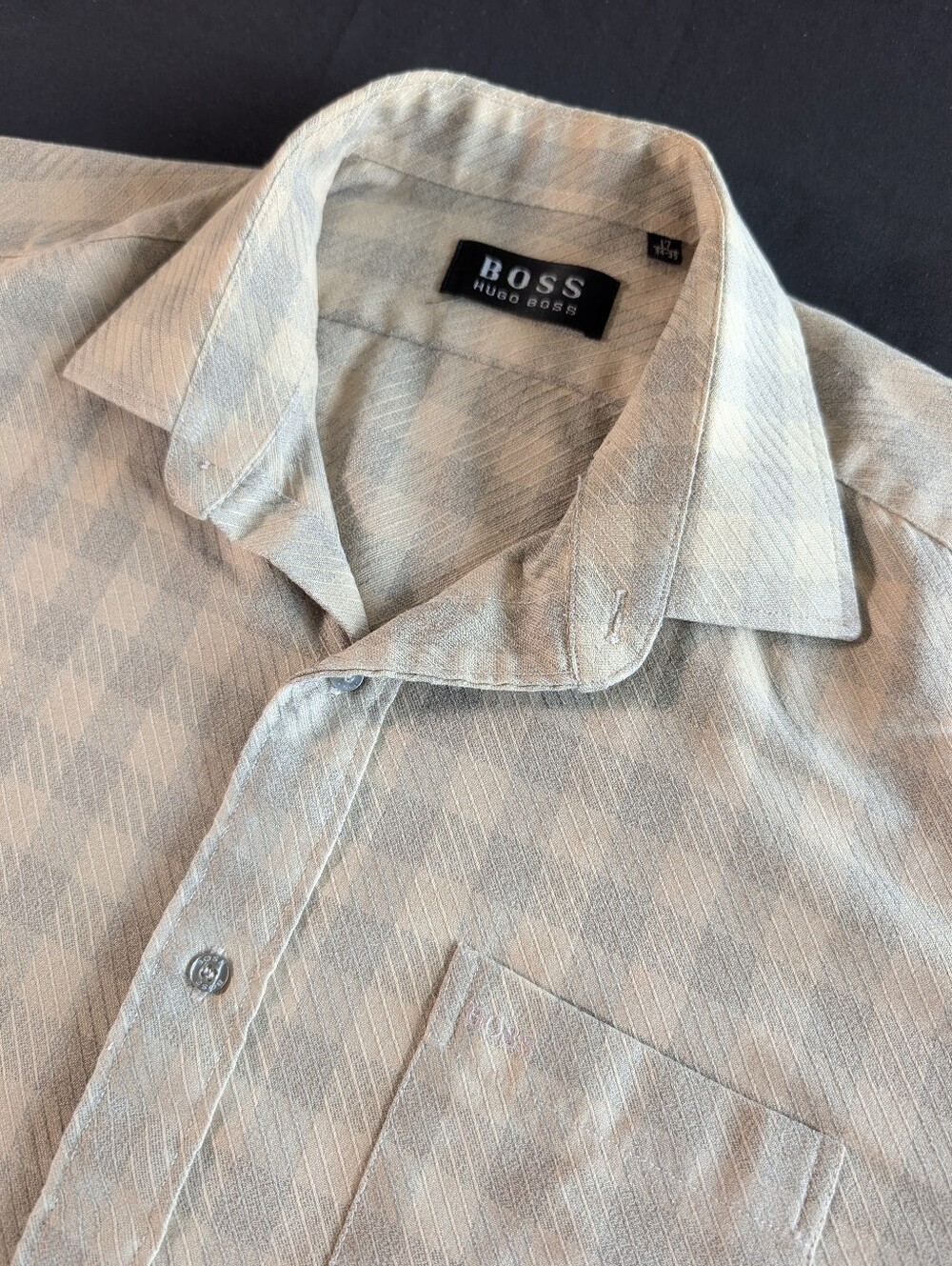 Hugo Boss Heavyweight Men's Button Up Grey And Beige Check 17 Neck